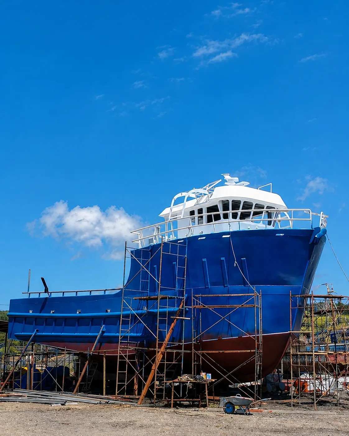 Embarcación azul en proceso de construcción